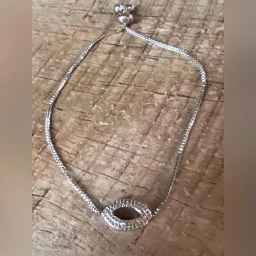 Silver Tone Oval Pendant Bracelet Bolo Chain Clear Rhinestone 8